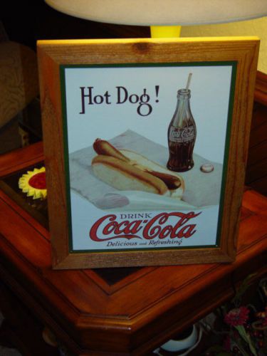 COCA COLA CUSTOM CEDAR FRAMED VINTAGE RETRO TIN HOT DOG BAR SIGN