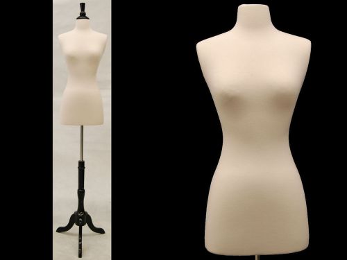 Female Mannequin Dress Form+Black Wood Base Size 6-8 displaying clothing items
