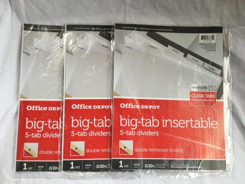 OFFICE DEPOT - BIG TAB INSERTABLE - 5 TAB DIVIDERS - LOT OF THREE!!   NEW