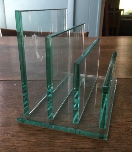 Vintage art deco style heavy glass green tint desk top letter rack organizer