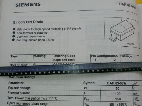 [100 pcs].BAR63-03W Siemens Single PIN Switching RF Diode up to 3GHz SOD323