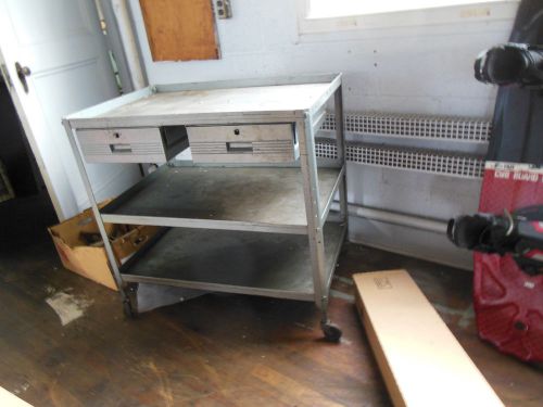 UTILITY TABLE WITH WHEELS, TWO DRAWERS, AND THREE SHELVES