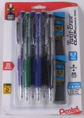 Pentel Twist Erase Click Mechanical Pencils 6 Pack 0.7 Medium W/60 Extra Lead