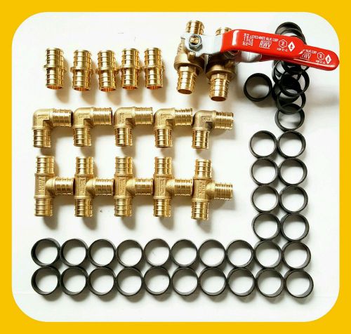 (15) 3/4&#034; BRASS CRIMP FITTINGS  (39) CRIMP RINGS  (2) BALL VALVES