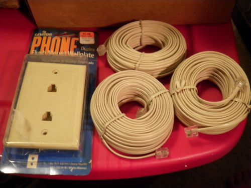 New Leviton dual phone jack flush mount wall plate &amp; 3 rolls of 2 jack line cord