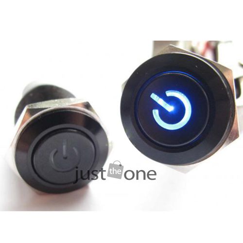 Cars 16mm 12V Blue Power Symbol Led Aluminum Metal Push Button Momentary Switch