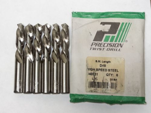 6 PTD 31/64&#034; L40 LH Screw Machine HSS 118° Precision Twist Drills Bright Finish