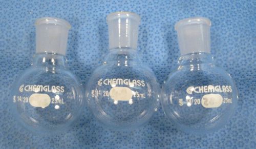 Chemglass  25 ml  round  bottom  flasks  all  14/20    x3         e for sale