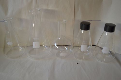 Set of 5 kimax &amp; pyrex  lab flasks - 1000ml, 500ml #846 for sale