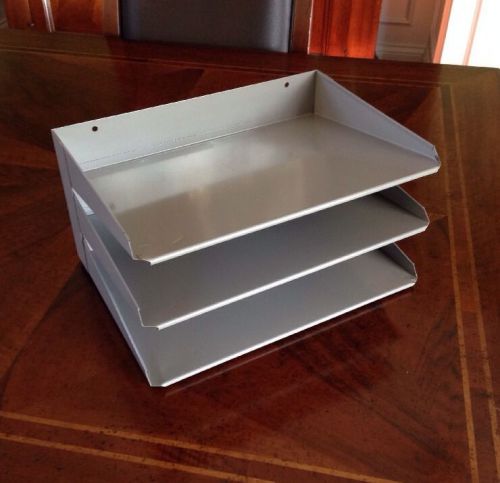 Vintage Gray Metal Letter Paper File Tray Office Desk Organizer Sorter 3 Tier