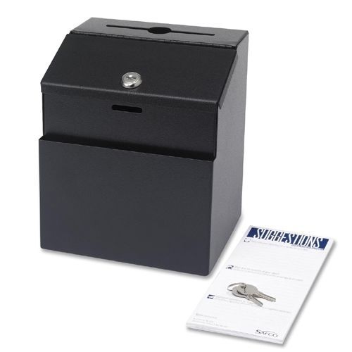 Safco 4232bl suggestion box w/lock 4-3/4in slot 7-1/8inx6inx8-1/2in black for sale