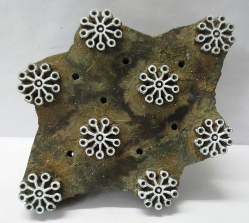 Vintage wooden hand carved textile printing fabric block stamp snow flake print for sale