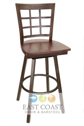 New Gladiator Rust Powder Coat Window Pane Metal Swivel Bar Stool w/ Walnut Seat