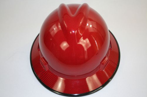 New Custom MSA V-Gard (Full Brim) Hard Hat W/Fas-Trac Ratchet Red Carbon Fiber