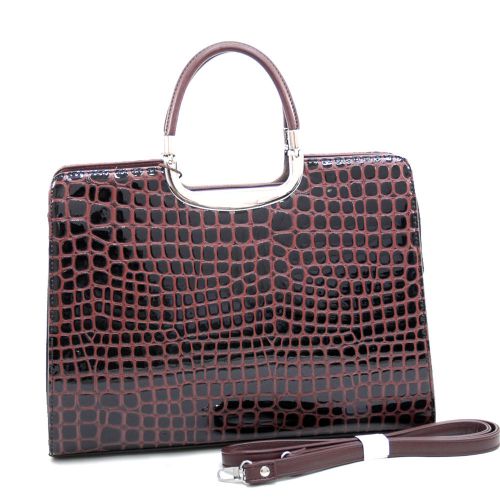 Dasein Sassy Chic Patent Croco Briefcase w/ Bonus Shoulder Strap - Coffee Color