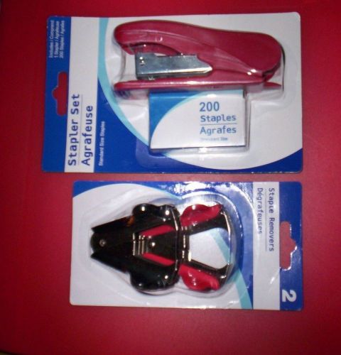 RED STAPLER SET w/200  staples~&amp;~2  STAPLE REMOVERS~RED/BLACK-Standard staples