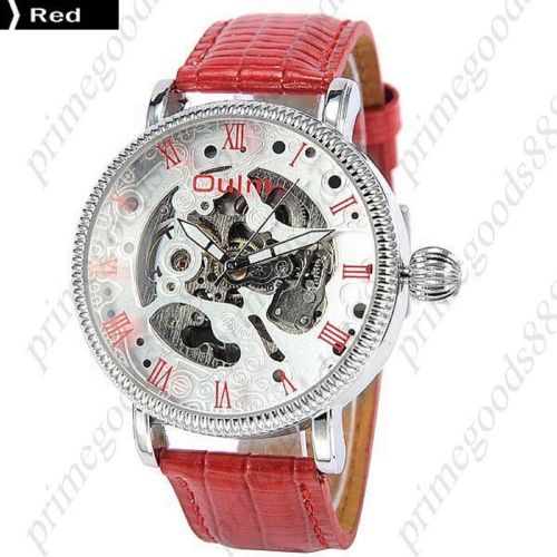 Round PU Leather Strap See Through Auto Mechanical Wrist Men&#039;s Wristwatch Red