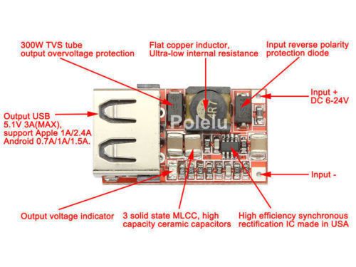 DC-DC Buck set down Converter 6-24V 12V/24V to 5V 3A CAR USB Charger Module DIY