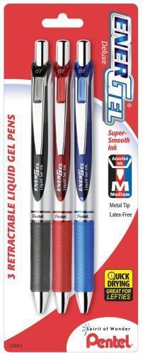 Pentel EnerGel Deluxe RTX Gel Ink Pens, 0.7 Millimeter Metal Tip, Black/Red/Blue