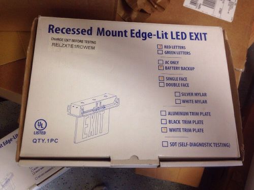 Recessed mount edge lit led exit sign with red on clear panel and white housing for sale