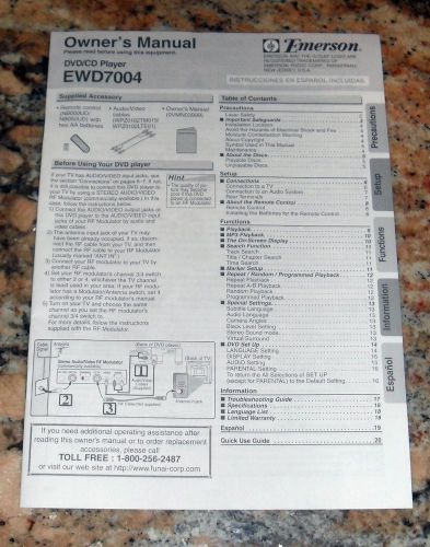 EMERSON DVD CD Player Owners Users Manual Model EWD7004