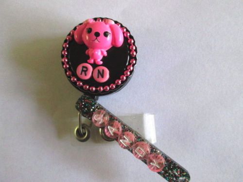 PINK RN PUPPY DOG PERSONALIZED ID BADGE REEL  HOLDER MEDICAL,NURSE,OFFICE,NICU