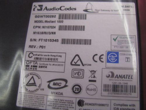 AudioCodes MEDIANT 1000, M1K/8BRI//3/NN, GGWT00282, Media Gateway, NEW