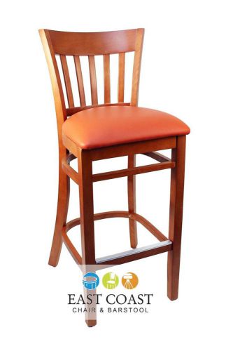 New gladiator cherry vertical back wooden bar stool with orange vinyl seat for sale