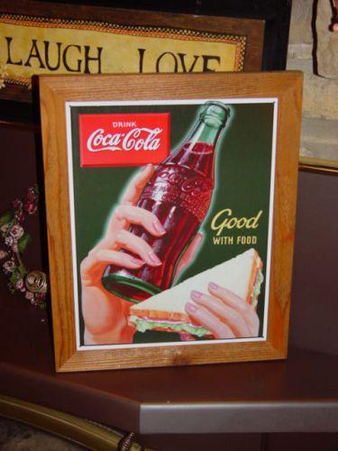 COCA COLA CUSTOM CEDAR FRAMED VINTAGE RETRO TIN LUNCH BAR SIGN