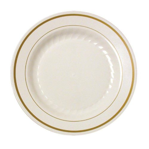 Pack of 15 Plastic China 6&#034; Appetizer / Dessert Plate BONE with Gold Band