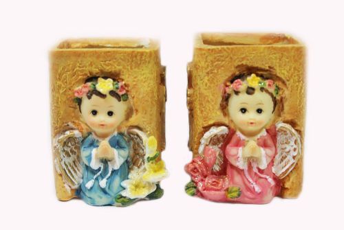 2 Pen Pencil Holder, Angel Boy &amp; Girl Poly Resin 2&#034;x2&#034;x3&#034;/ Each