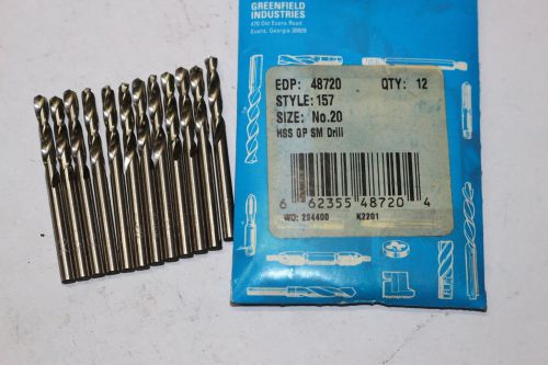 12 new GREENFIELD #20, 157 Screw Machine Twist Drills Bright Finish 48720