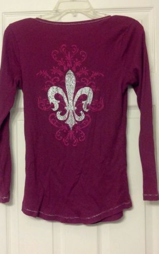 Lena wine embellished graphic shirt top large ~ silver fleur &amp; rhinestones l/s for sale