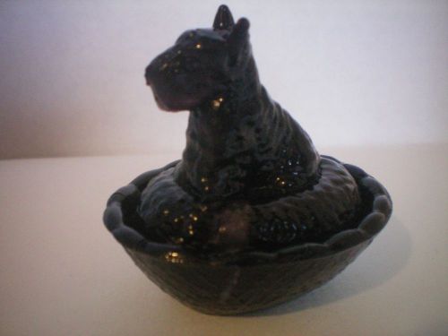 Amethyst &amp; White Milk Slag Glass Scottie Dog Salt Cellar On Nest Basket Scotty