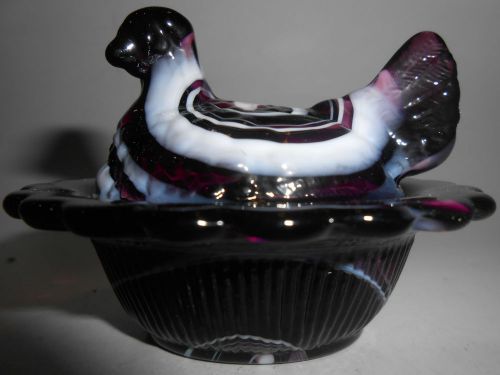 Amethyst and milk slag glass salt cellar hen chicken on nest basket dish purple