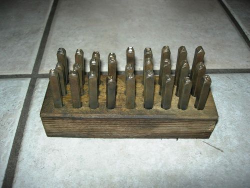 VTG 27 PC.STEEL LETTER PUNCH STAMP SET IN WOOD HOLDER 5/16&#034;X5/16&#034;X2&amp;3/8&#034;