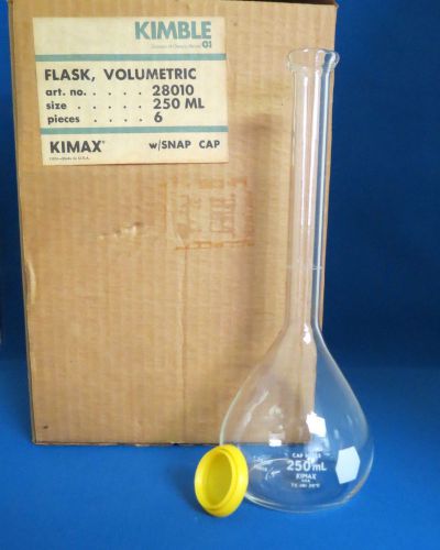 6 New Kimax 250mL Volumetric Flasks w/ Snap Caps Class B # 28010-250