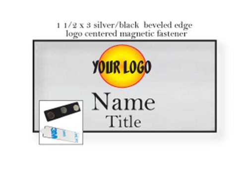 1 SILVER NAME BADGE COLOR LOGO CENTERED 2 LINES OF IMPRINT MAGNET FASTENER