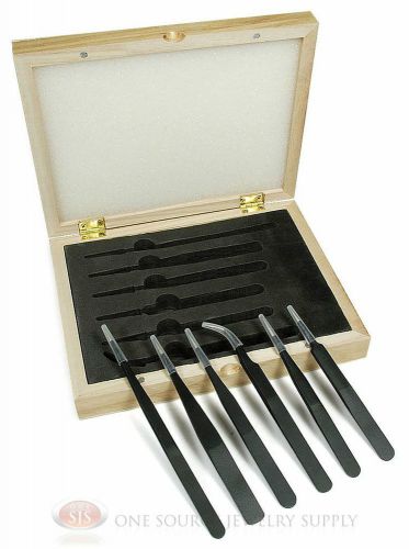 6 Piece Diamond Gemstone Watch Jewelry Repair Tweezer Set With Wooden Box