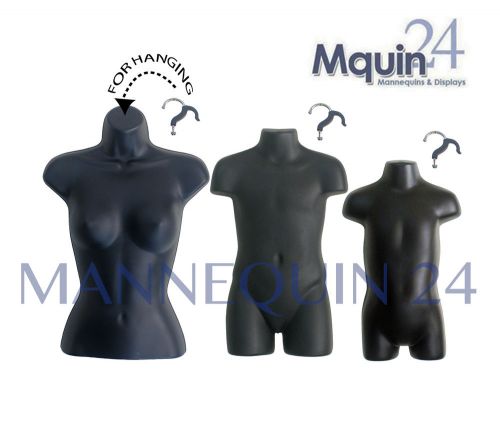 Set of 3 black mannequins: female, child &amp; toddler torso body forms + 3 hangers for sale