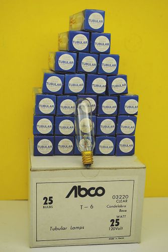 Abco 03220 clear tubular 25w t-6 120v candlelabra base lamp light bulb box of 25 for sale