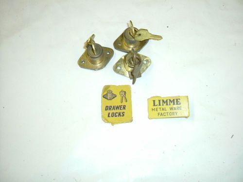 Vtg. set of 3 limme safe drawer locks with 2 keys 1 1/2&#034; spread 5/8&#034; plunger for sale