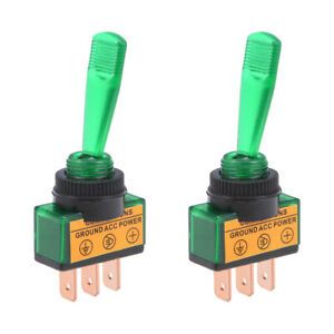 2Pcs SPST Latching Rocker Toggle Switch Green LED Light 20A 12V 3P ON-OFF Green