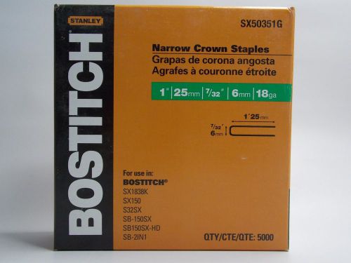 STANLEY BOSTITCH SX50351G 1&#034; X 7/32&#034; NARROW CROWN STAPLES 18 GAUGE 5,000 PCS