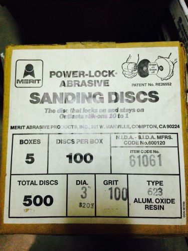 500- MERIT #61061 3&#034; 100G GRIT POWER LOCK ABRASIVE DISCS NEW IN BOX WITH HOLDER