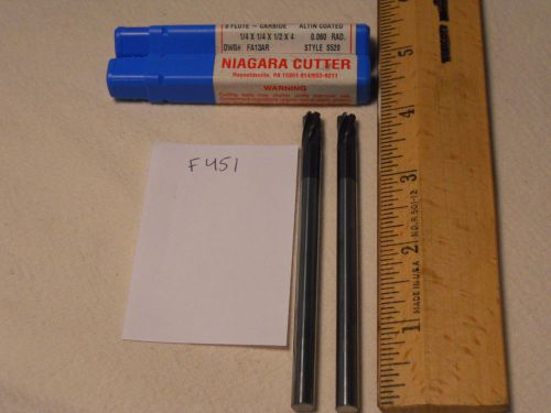 2 NEW NIAGARA CARBIDE ENDMILLS 1/4&#034; DIAMETER 1/4&#034; SH. 5 FL .060 RAD. COATED F451