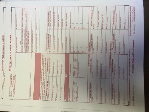 Official IRS Tax Form W-2c Corrected Wage/Tax Stmt, single sheet for 1 employee