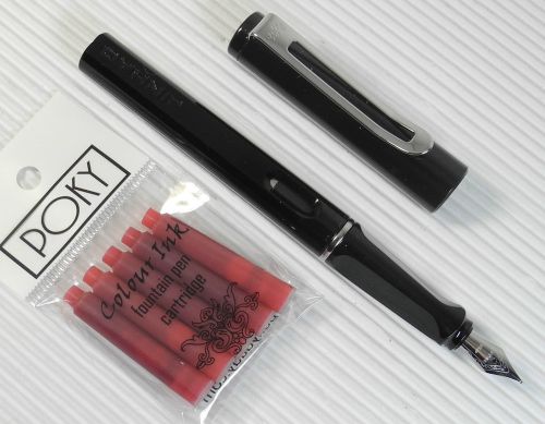 Jinhao 599b fountain pen black plastic barrel free 5 poky cartridges red ink for sale