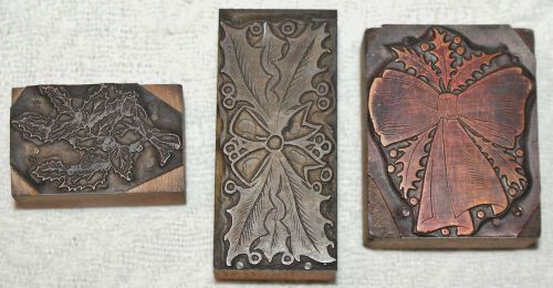 3 Vintage Christmas Letterpress Printers Blocks, Wood &amp; Metal,Bows &amp;Holly Leaves