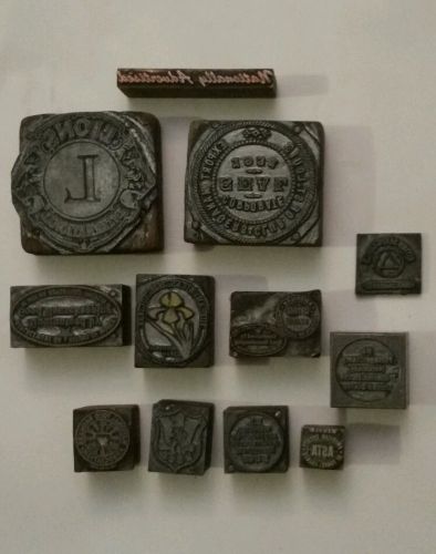 *LOT OF 12 VINTAGE LETTERPRESS  PRINTING BLOCKS* VARIOUS LOGOS AND SEALS *